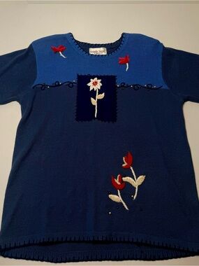 Blue Embroidered Floral Knit Sweater Top